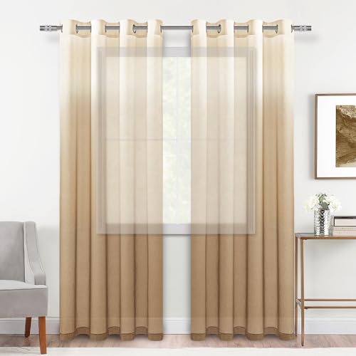 DWCN Ombré-Vorhänge, durchscheinend, Kunstleinen, Farbverlauf, Halbvoile, Ösenvorhänge, für Schlafzimmer und Wohnzimmer, 2er-Set, Fenstervorhänge, 132 x 244 cm Länge, Taupe von DWCN