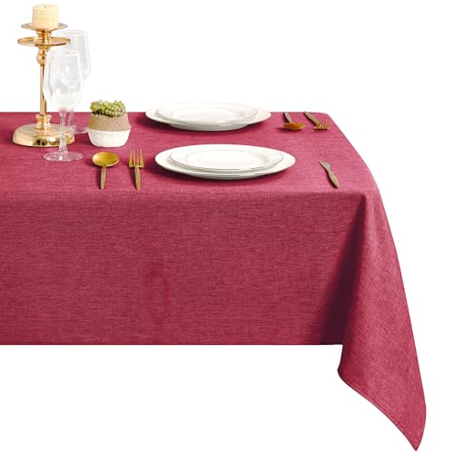 DWCN Rot Tischdecke Leinenoptik Abwaschbar Tischwäsche Wasserabweisend Tischtuch für Esszimmer, Garten, Party, Hochzeiten oder Haushalt,135x220cm von DWCN