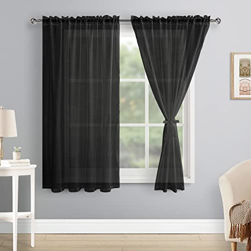 DWCN Sheer Voile Vorhang Transparente Gardine Stangendurchzug 2 Stücke Fensterschal für Wohnzimmer, Babyroom，Schlafzimmer, Rod Pocket, Schwarz, 160x140(HxB) von DWCN