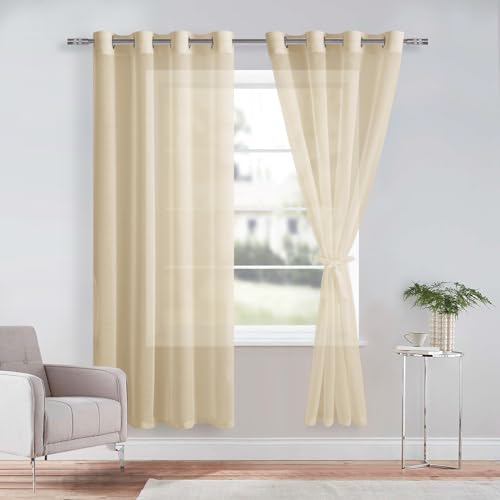 DWCN Sheer Voile Vorhang Transparente Gardine mit Ösen 2 Stücke Ösenschal für Wohnzimmer, Babyroom，Schlafzimmer, Beige, 160x132cm(HxB) von DWCN