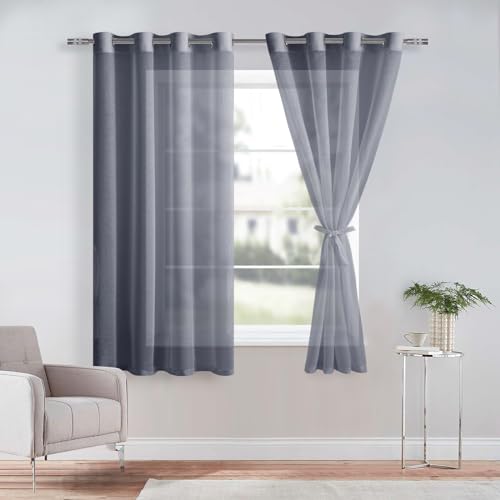 DWCN Sheer Voile Vorhang Transparente Gardine mit Ösen 2 Stücke Ösenschal für Wohnzimmer, Babyroom，Schlafzimmer, Dunkelgrau, 145x140cm(HxB) von DWCN