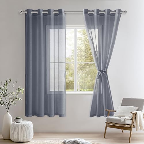 DWCN Sheer Voile Vorhang Transparente Gardine mit Ösen 2 Stücke Ösenschal für Wohnzimmer, Babyroom，Schlafzimmer, Dunkelgrau, 160x140cm(HxB) von DWCN