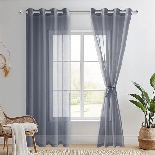 DWCN 2er Set Sheer Voile Vorhänge mit Ösen Transparente Gardinen mit Vorhang-Krawatten für Wohnzimmer, Dunkelgrau, 215x140cm(HxB) von DWCN