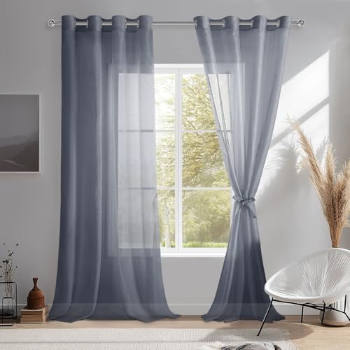 DWCN Sheer Voile Vorhang mit Ösen Gardinen Kurz Durchlässige Vorhänge Weiss Vorhang Transparent, Dunkelgrau, 240x132cm(HxB) von DWCN