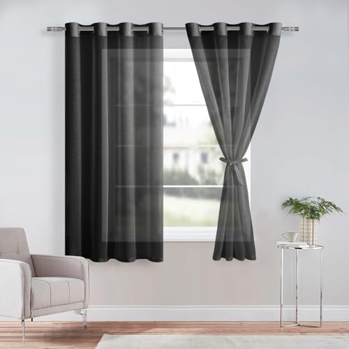 DWCN Sheer Voile Vorhang Transparente Gardine mit Ösen 2 Stücke Ösenschal für Wohnzimmer, Babyroom，Schlafzimmer, Schwarz, 160x140cm(HxB) von DWCN