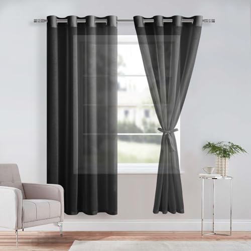 DWCN Sheer Voile Vorhang Transparente Gardine mit Ösen 2 Stücke Ösenschal für Wohnzimmer, Babyroom，Schlafzimmer, Schwarz, 215x140cm(HxB) von DWCN