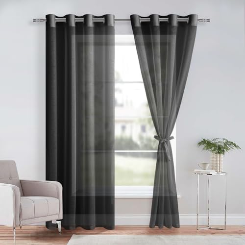 DWCN Sheer Voile Vorhang Transparente Gardine mit Ösen 2 Stücke Ösenschal für Wohnzimmer, Babyroom，Schlafzimmer, Schwarz, 240x132cm(HxB) von DWCN