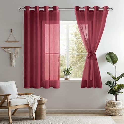 DWCN 2er Voile Gardinen Halbtransparent Kurz mit Ösen für Schlafzimmer Vorhang weiß Halbtransparent, Weinrot, 145x140cm(HxB) von DWCN
