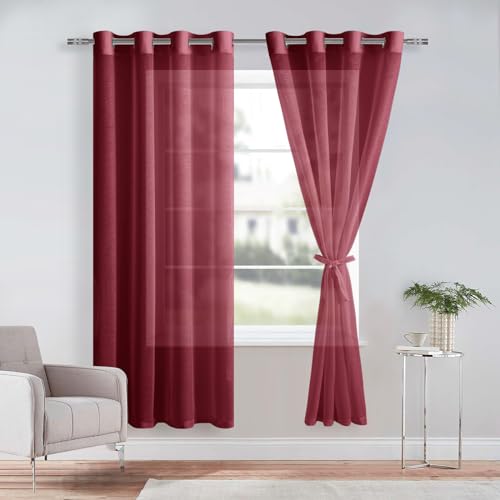 DWCN 2er Set Sheer Voile Vorhänge mit Ösen Transparente Gardinen mit Vorhang-Krawatten für Wohnzimmer, Weinrot, 215x140cm(HxB) von DWCN