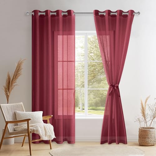 DWCN 2er Set Sheer Voile Vorhänge mit Ösen Transparente Gardinen mit Vorhang-Krawatten für Wohnzimmer, Weinrot, 215x140cm(HxB) von DWCN