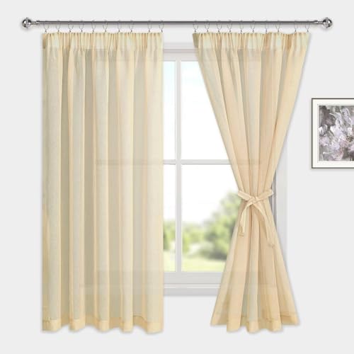 DWCN Voile Vorhänge mit Kräuselband Leinenoptik 2 Stücke Halbtransparent Vorhänge für Wohnzimmer,Durchsichtige Gardinen,Beige,175x140cm (Höhe x Breite) von DWCN