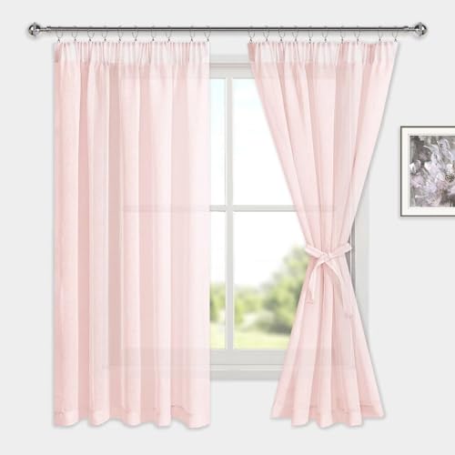 DWCN Voile Vorhänge mit Kräuselband Leinenoptik 2 Stücke Halbtransparent Vorhänge für Wohnzimmer,Durchsichtige Gardinen,Blush Rosa,175x140cm (Höhe x Breite) von DWCN