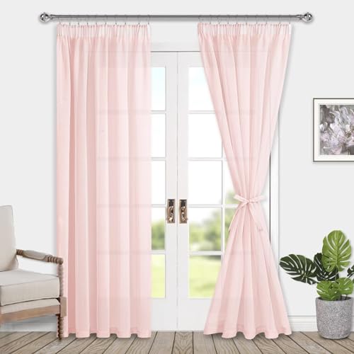 DWCN Voile Vorhänge mit Kräuselband Leinenoptik 2 Stücke Halbtransparent Vorhänge für Wohnzimmer,Durchsichtige Gardinen,Blush Rosa,225x140cm (Höhe x Breite) von DWCN