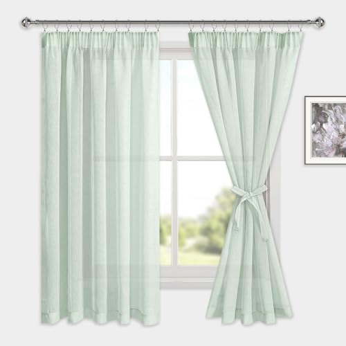 DWCN Voile Vorhänge mit Kräuselband Leinenoptik 2 Stücke Halbtransparent Vorhänge für Wohnzimmer,Durchsichtige Gardinen, Grün, 175x140cm (Höhe x Breite) von DWCN