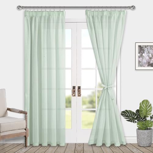 DWCN Voile Vorhänge mit Kräuselband Leinenoptik 2 Stücke Halbtransparent Vorhänge für Wohnzimmer,Durchsichtige Gardinen,Grün,225x140cm (Höhe x Breite) von DWCN