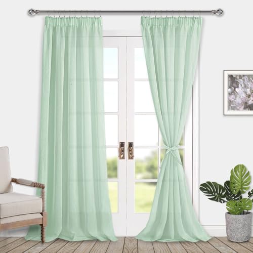DWCN Voile Vorhänge mit Kräuselband Leinenoptik 2 Stücke Halbtransparent Vorhänge für Wohnzimmer,Durchsichtige Gardinen,Grün,245x140cm (Höhe x Breite) von DWCN