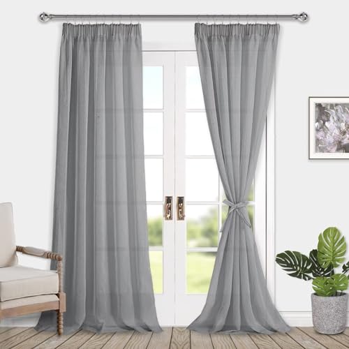 DWCN Voile Vorhänge mit Kräuselband Leinenoptik 2 Stücke Halbtransparent Vorhänge für Wohnzimmer,Durchsichtige Gardinen Extra Lang,Grau,260x140cm (Höhe x Breite) von DWCN