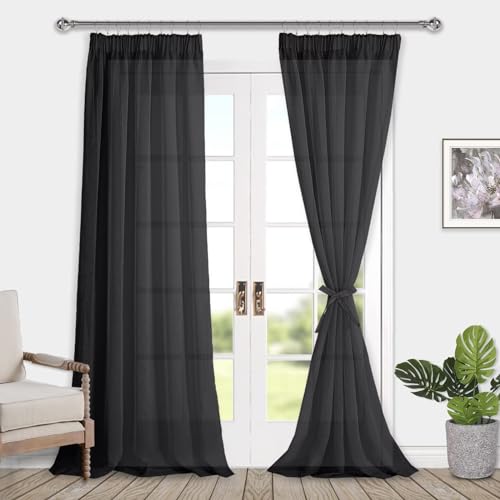 DWCN Voile Vorhänge mit Kräuselband Leinenoptik 2 Stücke Halbtransparent Vorhänge für Wohnzimmer,Durchsichtige Gardinen Extra Lang,Schwarz,260x140cm (Höhe x Breite) von DWCN