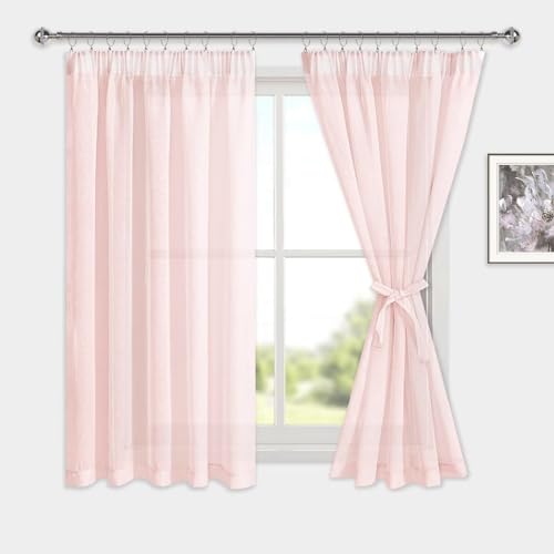 DWCN Voile Vorhänge mit Kräuselband Leinenoptik 2 Stücke Halbtransparent Vorhänge für Wohnzimmer,Durchsichtige Gardinen Kurz,Blush Rosa,145x140cm (Höhe x Breite) von DWCN