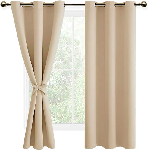 DWCN Vorhänge Blickdicht mit Raffhalter Verdunklungsvorhänge mit Ösen 2 Stücke Thermovorhang Hitzeschutz für Schlafzimmer, WonhzimmerBüro, Biscotti Beige, 183x117cm(HxB) von DWCN