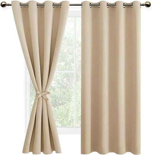 DWCN Vorhänge Blickdicht mit Raffhalter Verdunklungsvorhänge mit Ösen 2 Stücke Thermovorhang Hitzeschutz für Schlafzimmer, WonhzimmerBüro, Biscotti Beige, 183x140cm(HxB) von DWCN