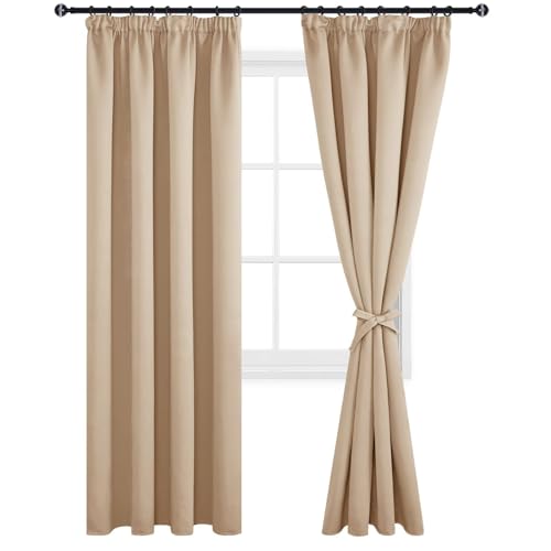 DWCN Vorhänge Blickdicht Gardinen mit Kräuselband Vorhang Schlafzimmer 2er Set H 228 x B 117 cm, Warm Verdunkelungsvorhang mit Vorhang-Krawatten Thermovorhang für Wohnzimmer, Beige von DWCN