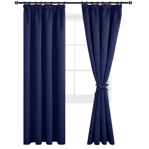 DWCN Verdunkelungsvorhänge Gardinen Thermovorhang Vorhänge Blickdicht mit Kräuselband mit Vorhang-Krawatten, 225x140cm(HöhexBreite), Dunkel Blau, 2er Set von DWCN