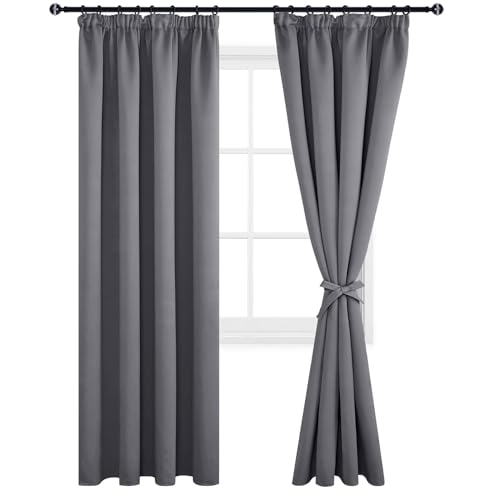DWCN Dicke Thermovorhänge Gardinen Verdunkelungsvorhänge mit Kräuselband mit Vorhang-Krawatten, 225x140cm(HöhexBreite), Grau, 2er Set von DWCN