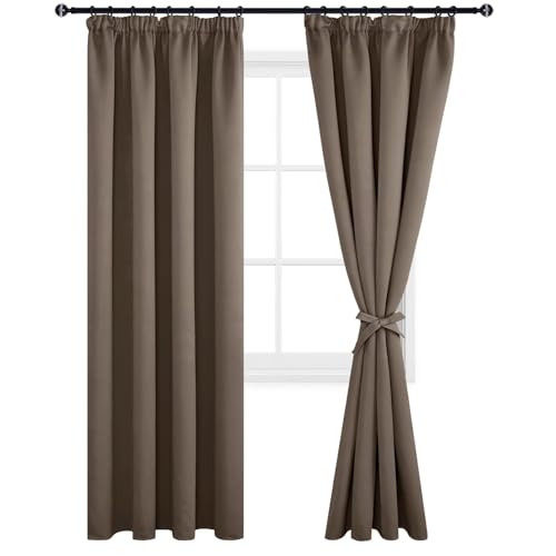 DWCN Verdunkelungsvorhänge Blickdichte Vorhänge Dicke Thermovorhänge Gardinen mit Kräuselband mit Vorhang-Krawatten, 225x140cm(HöhexBreite), Khaki, 2er Set von DWCN