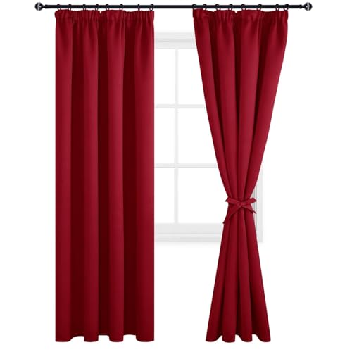 DWCN Fensterdeko Vorhänge mit Kräuselband 2er Set H 228 x B 117 cm, Blickdicht Wohnzimmer mit Vorhang-Krawatten, Verdunkelungsvorhang Gardinen Thermogardine Wärmeisolierend, Rot von DWCN