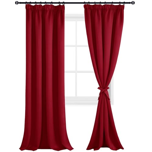 DWCN Fensterdeko Vorhänge mit Kräuselband 2er Set H 260 x B 140 cm, Blickdicht Wohnzimmer mit Vorhang-Krawatten, Verdunkelungsvorhang Gardinen Thermogardine Wärmeisolierend, Rot von DWCN