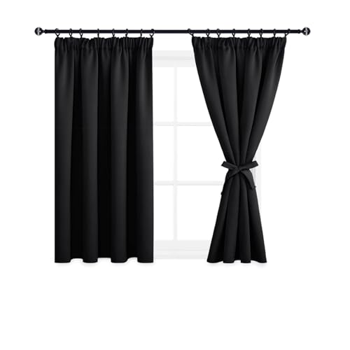DWCN Schlafzimmer Gardinen Für Schienensystem, Verdunklungsvorhänge mit Vorhang-Krawatten, Kräuselband Gardinen Kurz Vorhänge Dunkel Vorhänge Küche, Grau Weiß, 137x167cm(HöhexBreite), Schwarz, 2er Set von DWCN