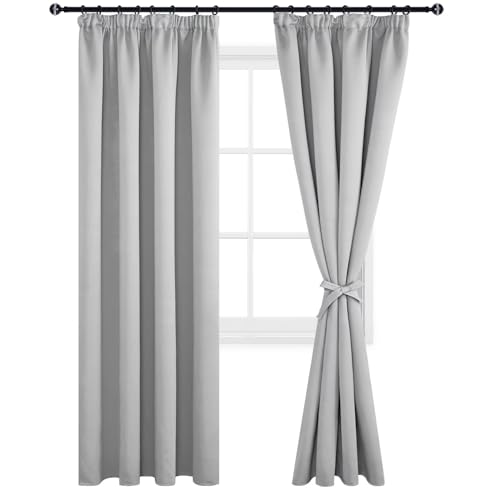 DWCN Verdunkelungsvorhänge Gardinen Thermovorhang Vorhänge Blickdicht mit Kräuselband mit Vorhang-Krawatten, 225x140cm(HöhexBreite), Silber Grau, 2er Set von DWCN