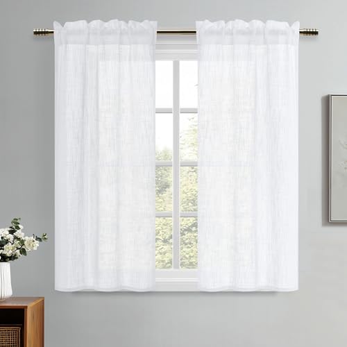 DWCN Weiß Scheibengardinen Leinenoptik Vorhänge Halbtransparent Gardinen Kurz 2 Stück H120xB60cm Modern Fenstervorhänge für Küchengardinen Wohnwagen Schrankvorhang Wohnzimmer Bistrogardine Landhaus von DWCN