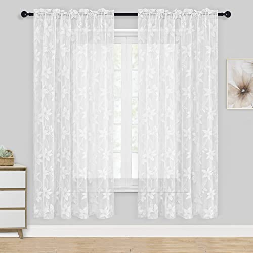 DWCN Weiße transparente Vorhänge – 160 cm Länge, florale Spitze, Stangentasche, Fenster, Voile, durchscheinende Vorhänge für Wohnzimmer, Schlafzimmer, elegante Vorhänge, 132,1 x 160 cm Länge, 2 Stück, von DWCN