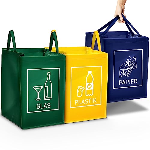 DWD-Company 3er Set Mülltrennsystem Abfalltrenner für Papier, Plastik und Glas mit praktischem Transportgriff von DWD