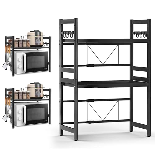 DWDHYEAN Erweiterbares Mikrowellen Regal Küchenregal Stehend Mikrowellenregal Küchenregal Stehend Küchen Organizer mit 6 Haken Organizer für Küchenarbeitsplatten (Schwarz-2) von DWDHYEAN