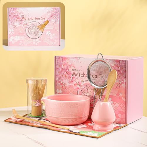 8-teiliges Matcha-Teeset mit Keramikschalen (Blumenmuster), Bambus-Schneebesen, Schaufel, Löffel und rosa Sakura-Geschenkbox – traditionelles japanisches Matcha-Schneebesen-Set für Teeliebhaber (Rosa) von DWEHIXBUY