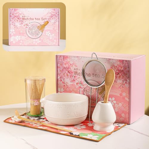 8-teiliges Matcha-Teeset mit Keramikschalen (Blumenmuster), Bambus-Schneebesen, Schaufel, Löffel und rosa Sakura-Geschenkbox – traditionelles japanisches Matcha-Schneebesen-Set für Teeliebhaber (weiß) von DWEHIXBUY