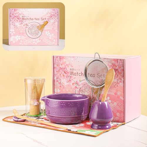 8-teiliges Matcha-Teeset mit Keramikschalen (Blumenmuster), Bambus-Schneebesen, Schaufel, Löffel und rosa Sakura-Geschenkbox – traditionelles japanisches Matcha-Schneebesen-Set für Teeliebhaber (lila) von DWEHIXBUY