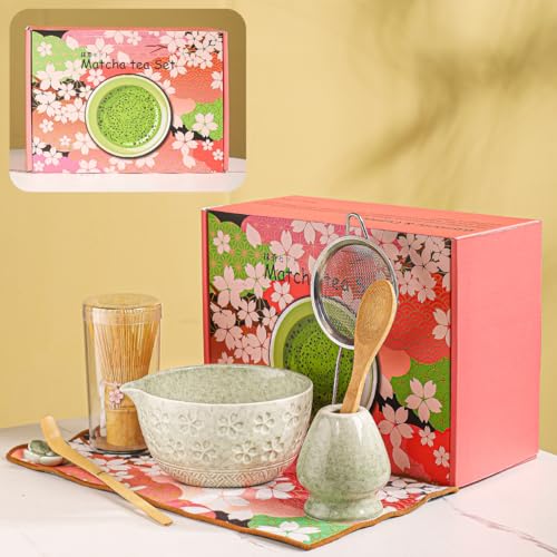 8-teiliges Matcha-Zeremonie-Set – Tee-Set mit Kirschblütenschale, Bambus-Schneebesen, Holzschaufeln, Geschirrtuch und Blumen-Display – Geschenkbereite rosa Kirsch-Box (Matcha-Farbe) von DWEHIXBUY
