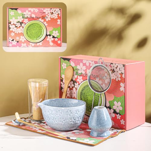 8-teiliges Matcha-Zeremonie-Set – Tee-Set mit Kirschblütenschale, Bambus-Schneebesen, Holzschaufeln, Geschirrtuch und Blumen-Display – Geschenkbereite rosa Kirsch-Box (blau) von DWEHIXBUY