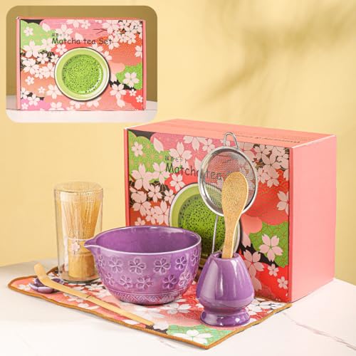8-teiliges Matcha-Zeremonie-Set – Tee-Set mit Kirschblütenschale, Bambus-Schneebesen, Holzschaufeln, Geschirrtuch und Blumen-Display – Geschenkbereite rosa Kirsch-Box (lila) von DWEHIXBUY