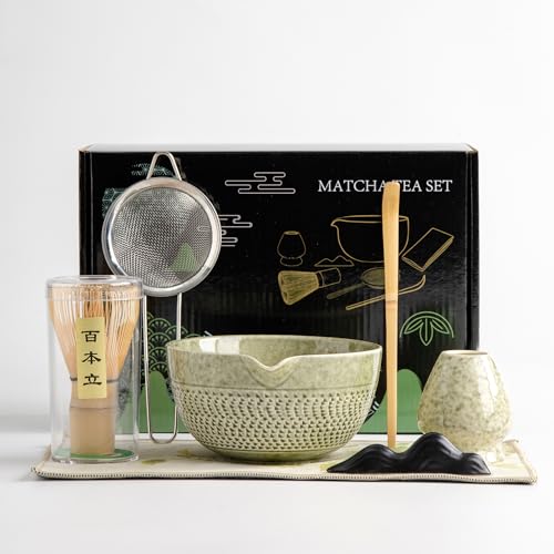 DWEHIXBUY Japanisches Matcha-Zeremonie-Zubehör, Matcha-Schneebesen, traditionelle Schaufel (Chashaku), Teelöffel, Schneebesenhalter, 1 Teeschale, 1 Teesieb, das perfekte Set zur Zubereitung einer von DWEHIXBUY