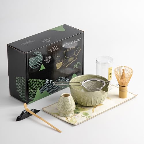 Japanisches Matcha-Zeremonie-Zubehör, Matcha-Schneebesen, traditionelle Schaufel (Chashaku), Teelöffel, Schneebesenhalter, 1 Teeschale, 1 Teesieb, das perfekte Set zur Zubereitung einer traditionellen von DWEHIXBUY