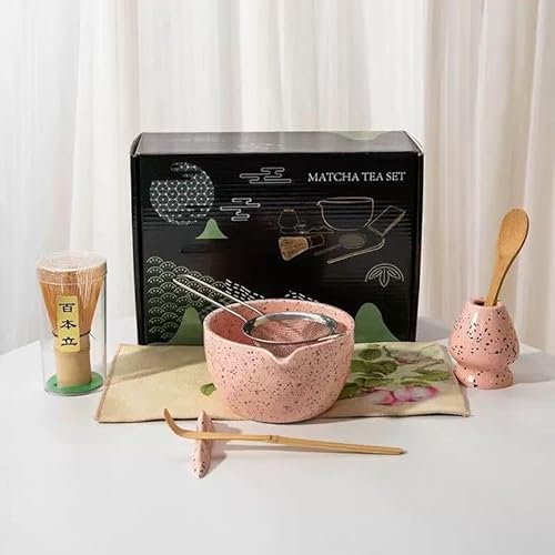 Matcha-Teeset, 8-teilig, Keramik, gesprenkelt, mit Teekanne und Schneebesen, komplettes japanisches Teezeremonie-Set in eleganter schwarzer Geschenkbox (Rosa) von DWEHIXBUY