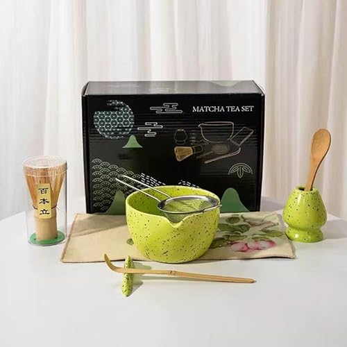 Matcha-Teeset, 8-teilig, Keramik, gesprenkelt, mit Teekanne und Schneebesen, komplettes japanisches Teezeremonie-Set in eleganter schwarzer Geschenkbox (gelb) von DWEHIXBUY