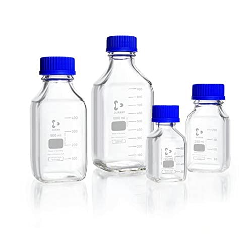 DWK Life Sciences SD-0900 Duran Borosilikat Glas 3.3 Vierkant Laborglasflasche, Mit Polypropylen Schraubverschluss und Ausgießring, GL 32 Gewindegröße, Unsteril, 500ml Kapazität, Glasklar, 10 Stück von DWK Life Sciences