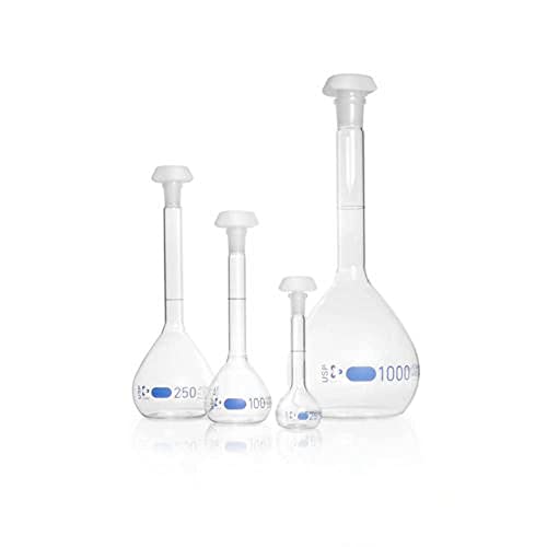 DWK Life Sciences SD-1512 Duran Borosilikat Glas 3.3 Klasse A Messkolben, Blau Skala, USP Konform, Einzelzertifikat, Mit Einer Ringmarke, PE Stopfen, NS 14/23 Schliffgröße, 100ml Kapazität, 2 Stück von DWK Life Sciences