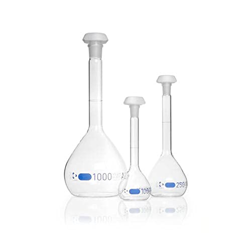 DWK Life Sciences SD-1574 Duran Borosilikat Glas 3.3 Klasse A Messkolben, Blaue Skala, Mit Einer Ringmarke, Polyethylen Stopfen, NS 14/23 Schliffgröße, 250ml Kapazität, 2 Stück von DWK Life Sciences